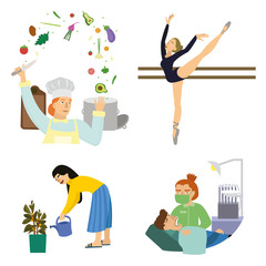 women work: ballerina, dentist, florist, cook; vector illustration