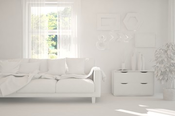 Mock up of stylish room in white color with sofa and green landscape in window. Scandinavian interior design. 3D illustration
