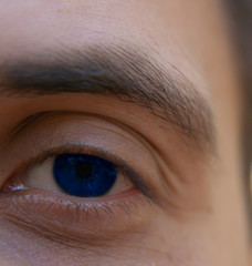 Obraz premium Man blue eye in macro. Human eye close-up.