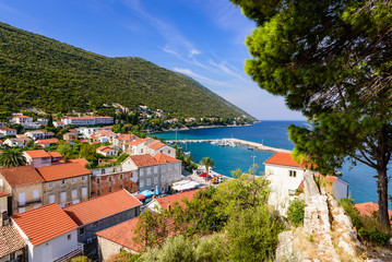 Naklejka na ściany i meble picturesque Adriatic coast. Trpanj town is a picturesque resort town on the Peljesac Peninsula, Dalmatia region, Croatia