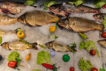 frozen fish silver carp product shop refrigerator counter background 