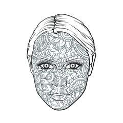 Vector illustration of a girls face with a line art pattern on her face in black and white design, for poster, print, banner, advertising, portrait of girl with face art, painting comic style, 