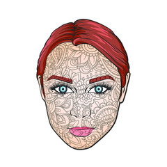 Vector illustration of a girls face with blue eyes and a line art pattern on the face concept, portrait of a young girl with a mask on her face, for advertising, banners, print, poster, face art 