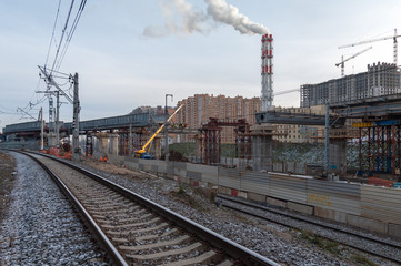 Fototapeta na wymiar Reconstruction of Reutovo station of Moscow Railway with the construction of the IV main track, overpasses and the II track to Balashikha, Reutov, Moscow region, Russian Federation