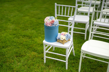 Chiavari chairs on grass. Diagonal composition.