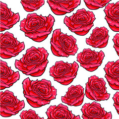 Repeat patterg with han drawn red roses, sketch of red roses, vector illustration