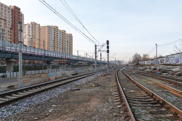 Fototapeta premium Reconstruction of Reutovo station of Moscow Railway with the construction of the IV main track, overpasses and the II track to Balashikha, Reutov, Moscow region, Russian Federation