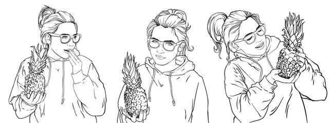 Fototapeta na wymiar Beautiful woman, girl with ripe pineapple and fashion styled sunglasses, vector realistic hand drawn sketch illustration isolated on white abckground