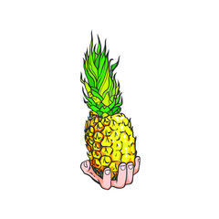 Realistic hand drawn sketch of human hand with pineapple, vector illustration isolated on white abckground