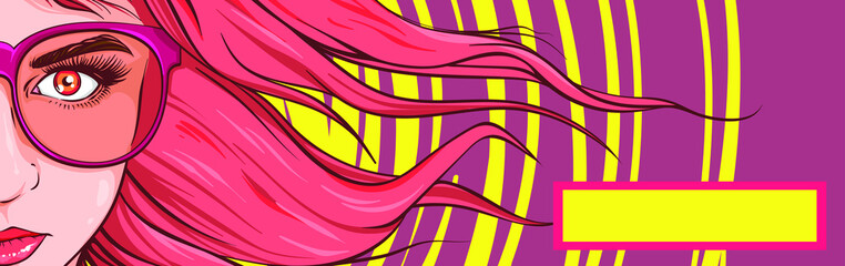 Vector illustration, banner or poster for advertising,  layout  banner girl in trendy style. Modern background design, colorful business card template design, holiday concept. Vector cover blank