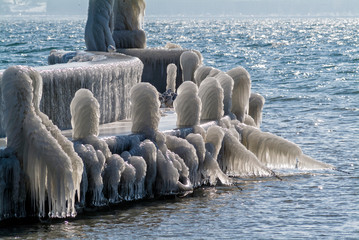 ice sculpture made by wind and lake water and very cold nights in Geneva Switzerland
