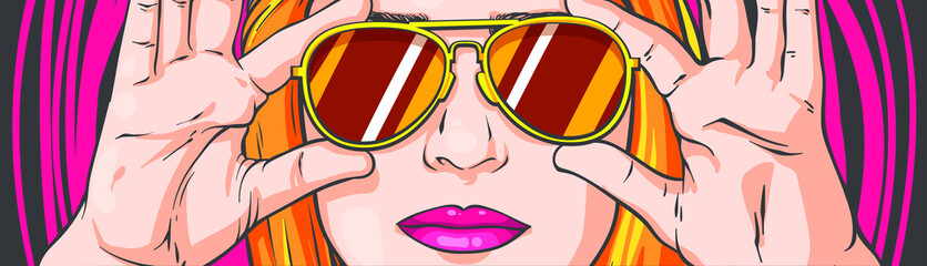 Trendy portrait girl in sunglasses for banner or poster design. Vector background, advertising design , female silhouette vector illustration, beautiful girl portrait for fashion lifestyle design 