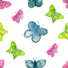 Watercolor hand painted nature colorful summer seamless pattern with multicolor blue, yellow and pink different butterflies isolated on the white background, lovely print for design elements