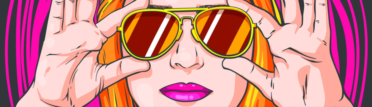 Trendy portrait girl in sunglasses for banner or poster design. Vector background, advertising design , female silhouette vector illustration, beautiful girl portrait for fashion lifestyle design 