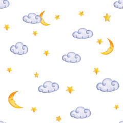 Watercolor drawing. moon, star, cloud, pattern