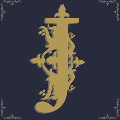 Capital letter J. Vintage style. For personality, initials, packaging, books, decor.