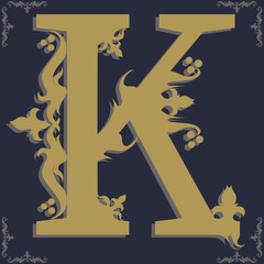 Capital letter K. Vintage style. For personality, initials, packaging, books, decor.