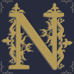 Capital letter N. Vintage style. For personality, initials, packaging, books, decor.