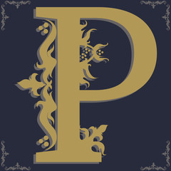 Capital letter P. Vintage style. For personality, initials, packaging, books, decor.