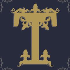 Capital letter T. Vintage style. For personality, initials, packaging, books, decor.