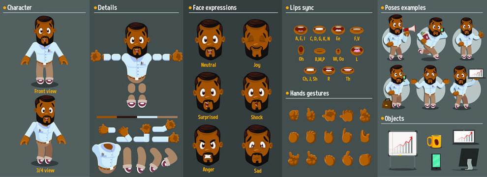 Cartoon afro-american man constructor for animation. Parts of body: legs, arms, face emotions, hands gestures, lips sync. Full length, front, three quarter view. Set of ready to use poses, objects