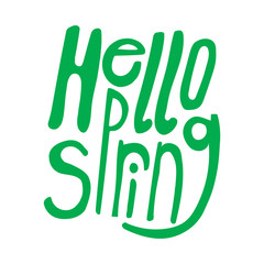 A vector lettering with green text hello spring, a stock illustration with word or letters isolated on white background