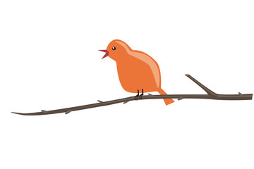 Cartoon bird singing on a branch with buds in in March or April, a flat vector stock illustration isolated on white background as a spring concept for children or baby