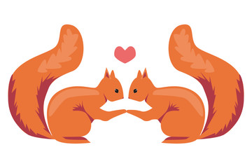 Cute squirrels holding hands and fell in love isolated on a white background, a flat vector stock illustration with orange animals with a fluffy tail and a heart for Valentine's day or anniversary