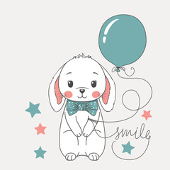 Fototapeta premium Cute rabbit boy with balloon, bow tie. Smile slogan. Cartoon vector illustration