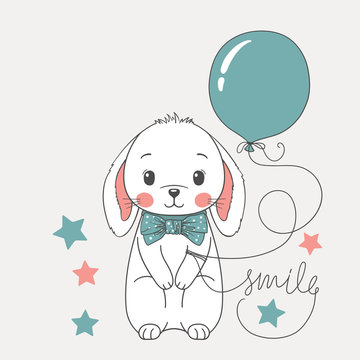Cute rabbit boy with balloon, bow tie. Smile slogan. Cartoon vector illustration