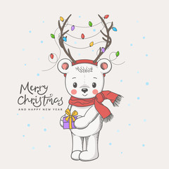 Cute little bear with gift box, deer horns, christmas garland, scarf. Christmas card. New Year. Season's Greetings. Vector illustration