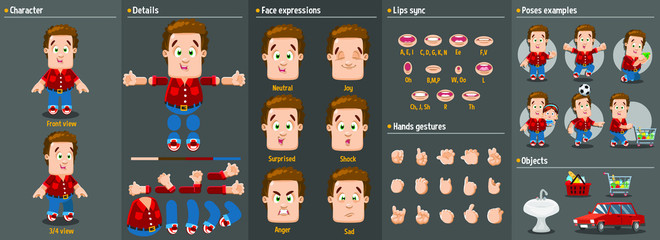 Cartoon father, family man, dad constructor for animation. Parts of body: legs, arms, face emotions, hands gestures, lips sync. Full length, front, three quarter view. Set of ready to use poses