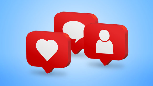 Background of red social media notification like icon . Follow, comment. - 3D Rendering
