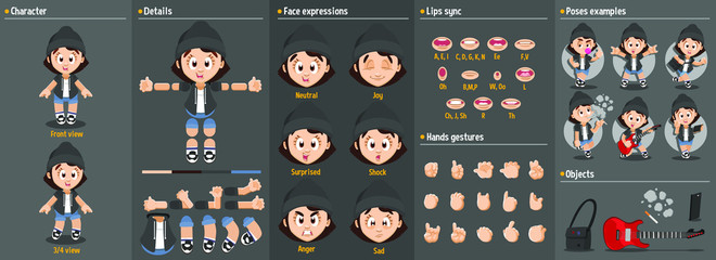 Cartoon tomboyish girl, student constructor for animation. Parts of body: legs, arms, face emotions, hands gestures, lips sync. Full length, front, three quater view. Set of ready to use poses, object