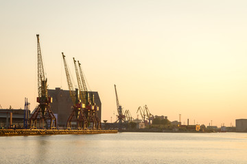 Obraz premium Russia, Kaliningrad, hoisting cranes in the commercial port at sunset