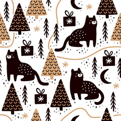 Seamless pattern with cats and christmas trees. Great for fabric, textile, wrapping paper. Vector Illustration