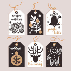 Set Merry Christmas and New Year gift tags and cards. Vector illustration