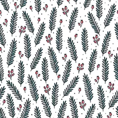 Gardinen Weihnachtsnahtloses Muster mit Stechpalmenblättern und Beeren. Doodle-Stil © @nekoshki