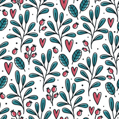 Christmas seamless pattern with holly leaves and berries. Doodle style