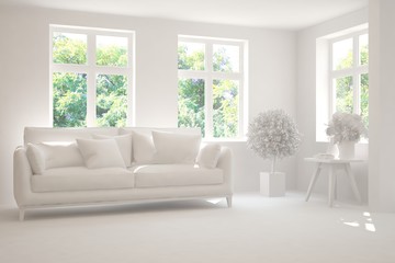 Stylish room in white color with sofa and summer landscape in window. Scandinavian interior design. 3D illustration