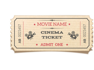 Realistic retro movie ticket isolated on white background.