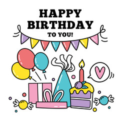 Birthday background design. Birthday congratulations. Hand drawn cartoon illustration.