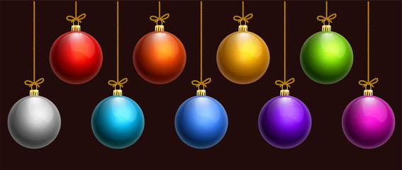 Set of realistic glass baubles of different color (rainbow colors plus silver and magenta). Suitable for use on both dark and light backgrounds. Decorative element (isolated objects).