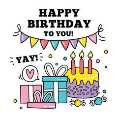 Birthday background design. Birthday congratulations. Hand drawn cartoon illustration.