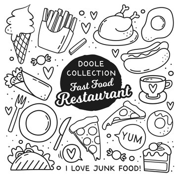 Hand drawn doodle style fast food elements. Clip arts collection