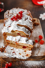 Stollen is fruit bread of nuts, spices, dried or candied fruit, coated with powdered sugar. It is traditional German bread eaten during the Christmas season. New year prep.