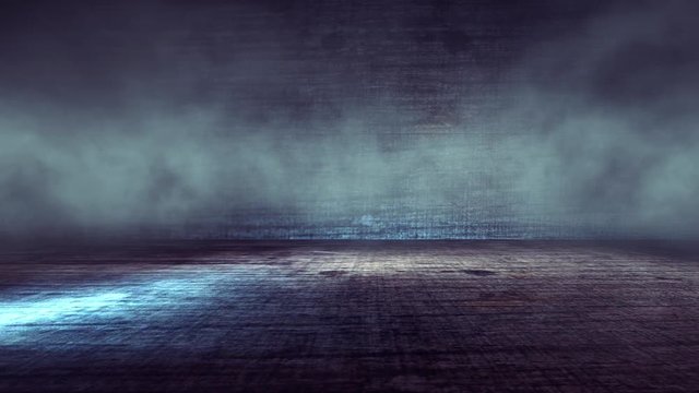 Concrete floor and spotlights.Moving background of room in the dark with smoke or fog.