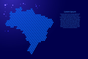 Brazil map from 3D blue cubes isometric abstract concept, square pattern, angular geometric shape, glowing stars. Vector illustration.