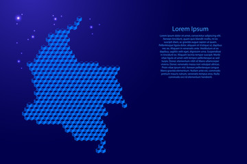 Obraz premium Colombia map from 3D blue cubes isometric abstract concept, square pattern, angular geometric shape, glowing stars. Vector illustration.