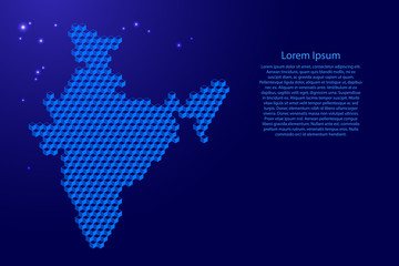 India map from 3D blue cubes isometric abstract concept, square pattern, angular geometric shape, glowing stars. Vector illustration.